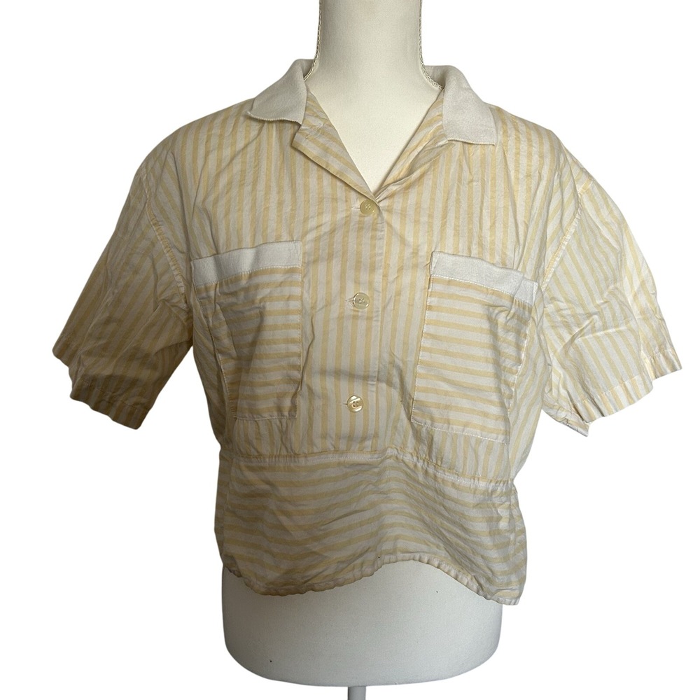 Evan Picone Sport‎ butter Yellow Stripe Button Up Short Sleeve Shirt vintage